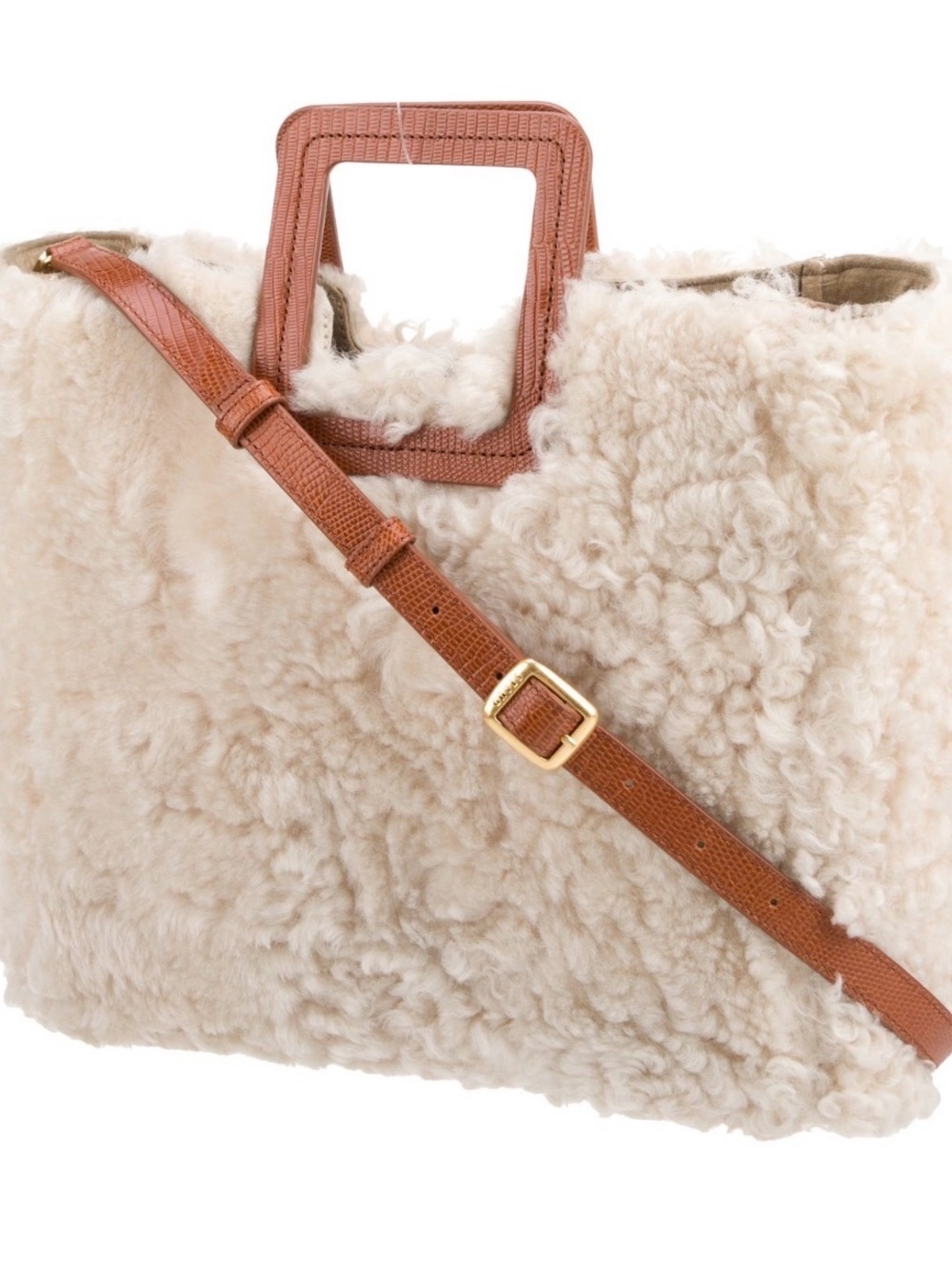 STAUD Cream Shearling Tote with Tan Leather Accents